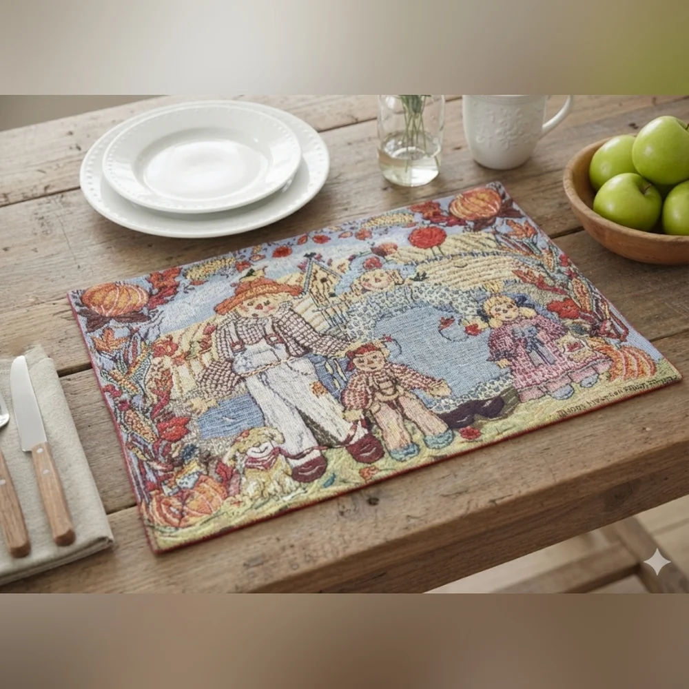 4 Scarecrow Placemats By Grigs Fall Autumn Pumpkins Dog Tapestry Cute 2001 Vtg